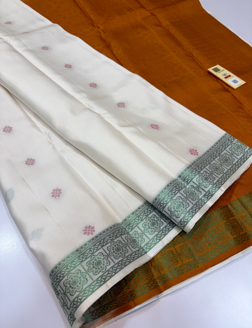 White Handloom Pure Soft Silk Saree with Silk Mark | Mustard Contrast Kanchi Border with Rich Zari Weaving