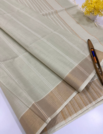 Sage Green Pure Cotton Saree with Gold Jari Border