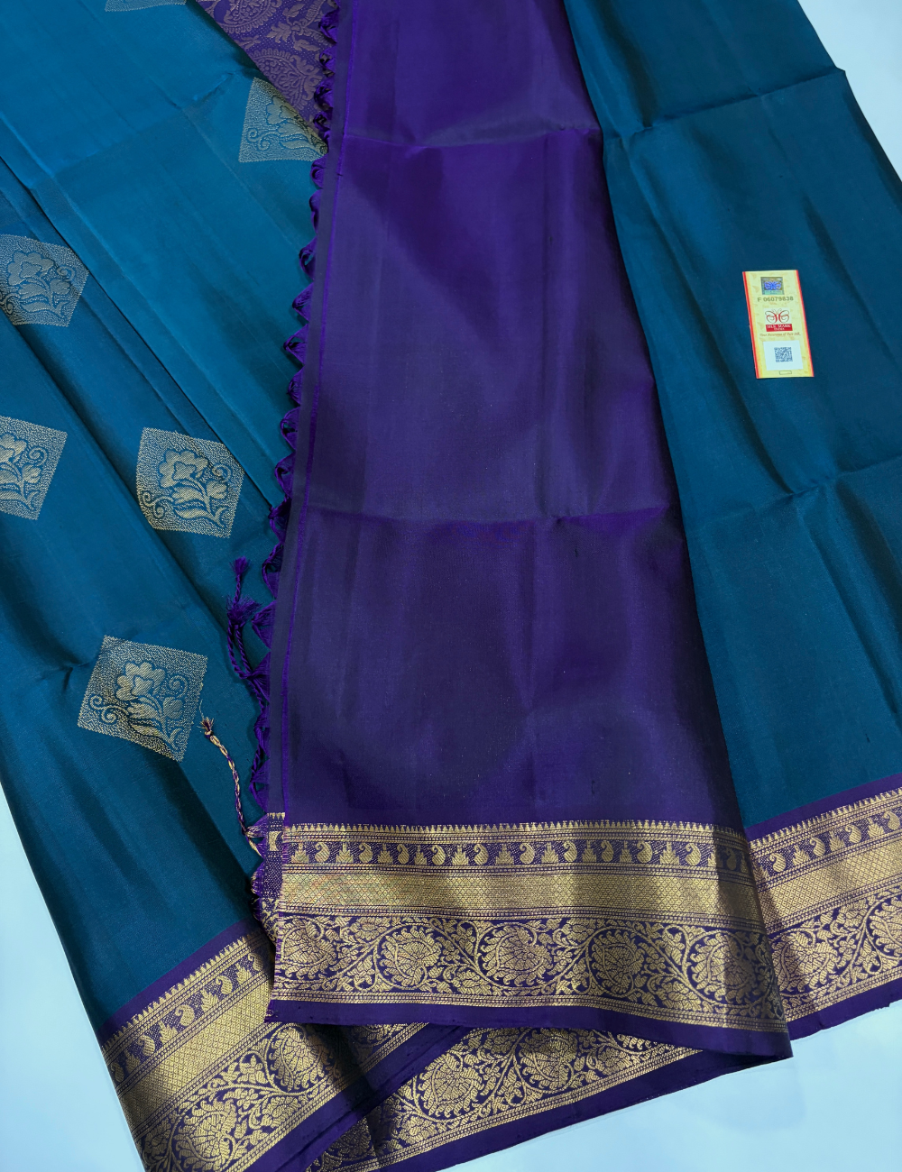 Kanchi Border Handloom Pure Softsilk Saree – Teal Blue & Purple | Silkmark Certified