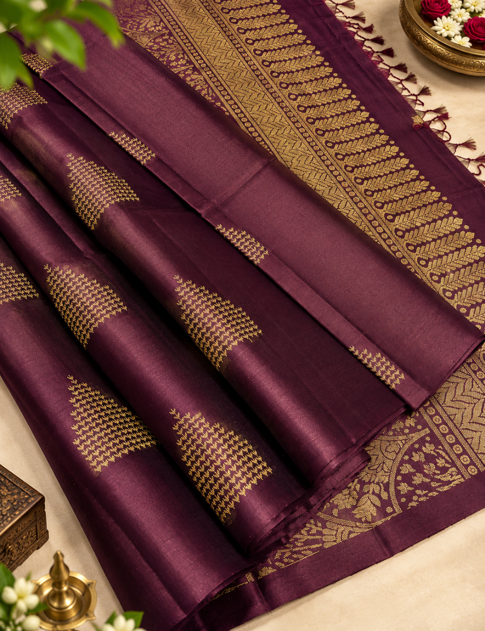 Brown Borderless Neam Jari Pure Softsilk Saree