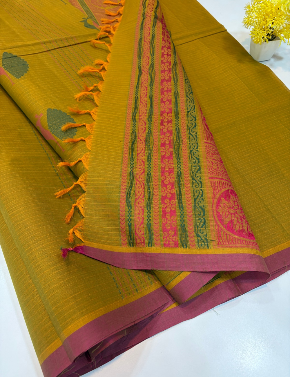 Sage Green Negamam Handloom Pure Cotton Saree with Thread Meena Putta & 100-Count Weave