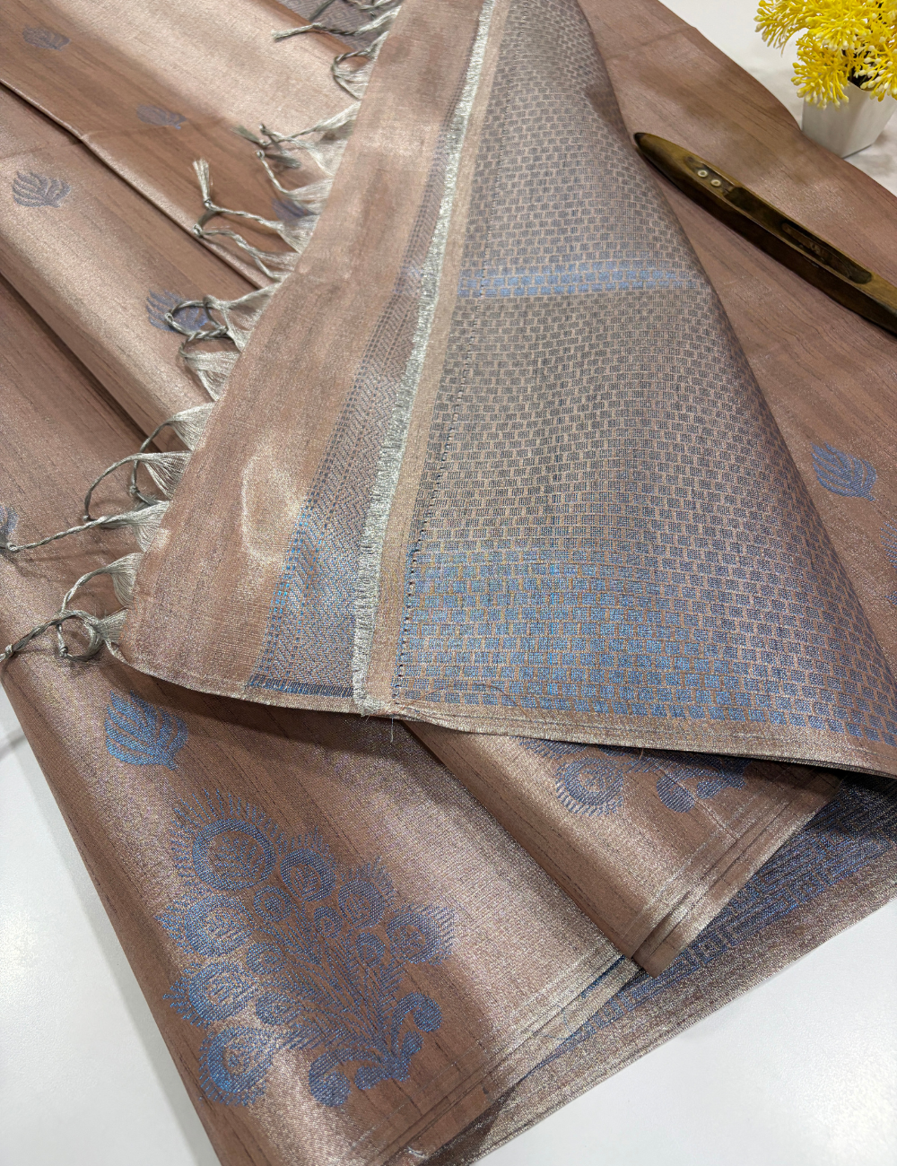 Tissue Semi Silk Saree in Copper Brown with Steel Blue Motifs
