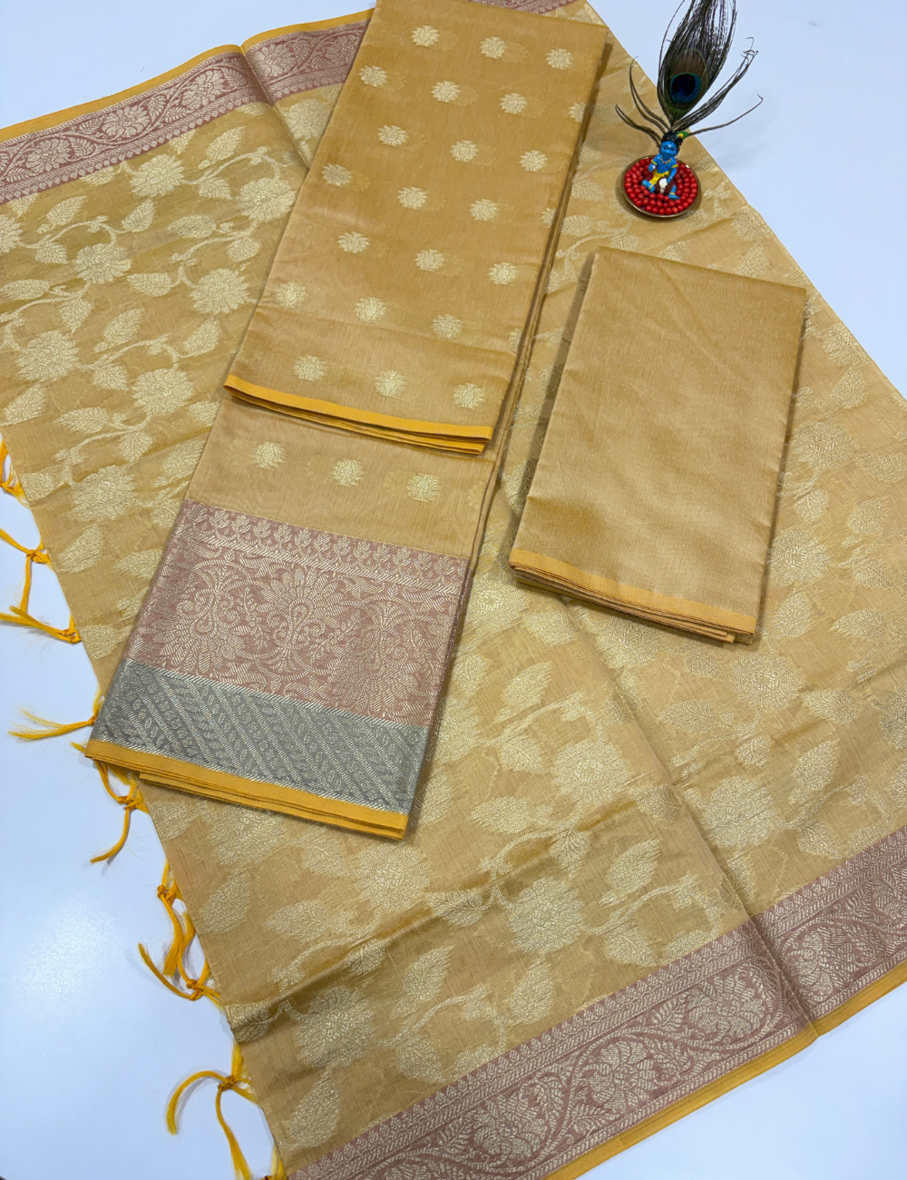 Golden Beige Monotone Handloom Silk Cotton 3 Pc Salwar Set | Elegant Self Weave Ethnic Wear