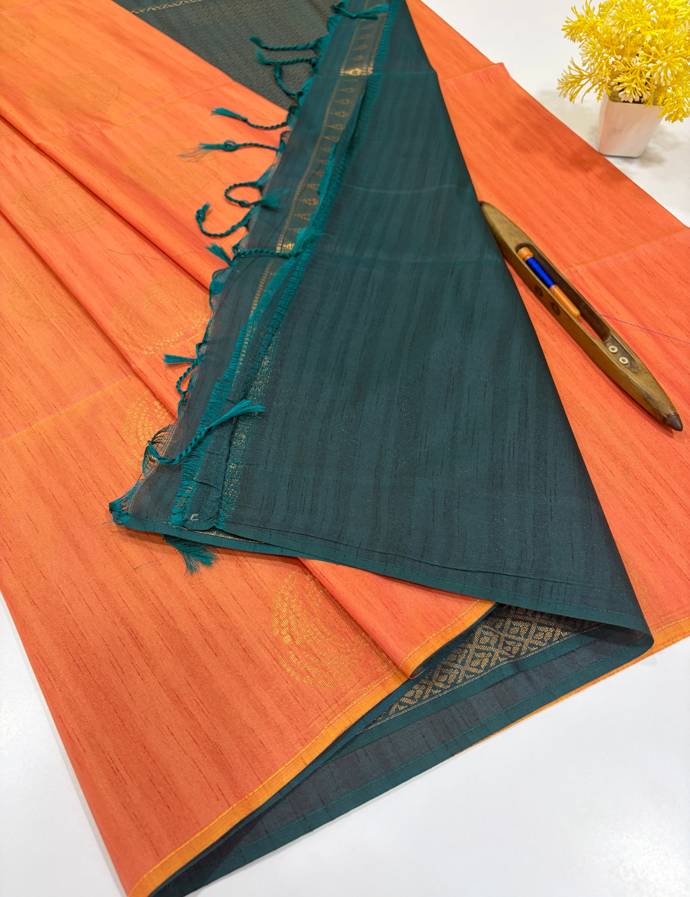 Burnt Orange (Rust) Soft Silk Saree with Gold Buttas & Peacock Green Borderless Pallu | Elegant Festive Wear