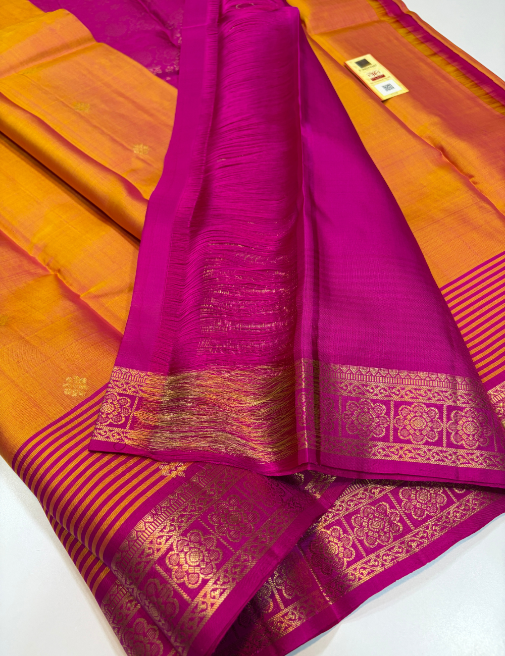 Mango Yellow with Rani Pink Kanchi Border Handloom Pure Soft Silk Saree