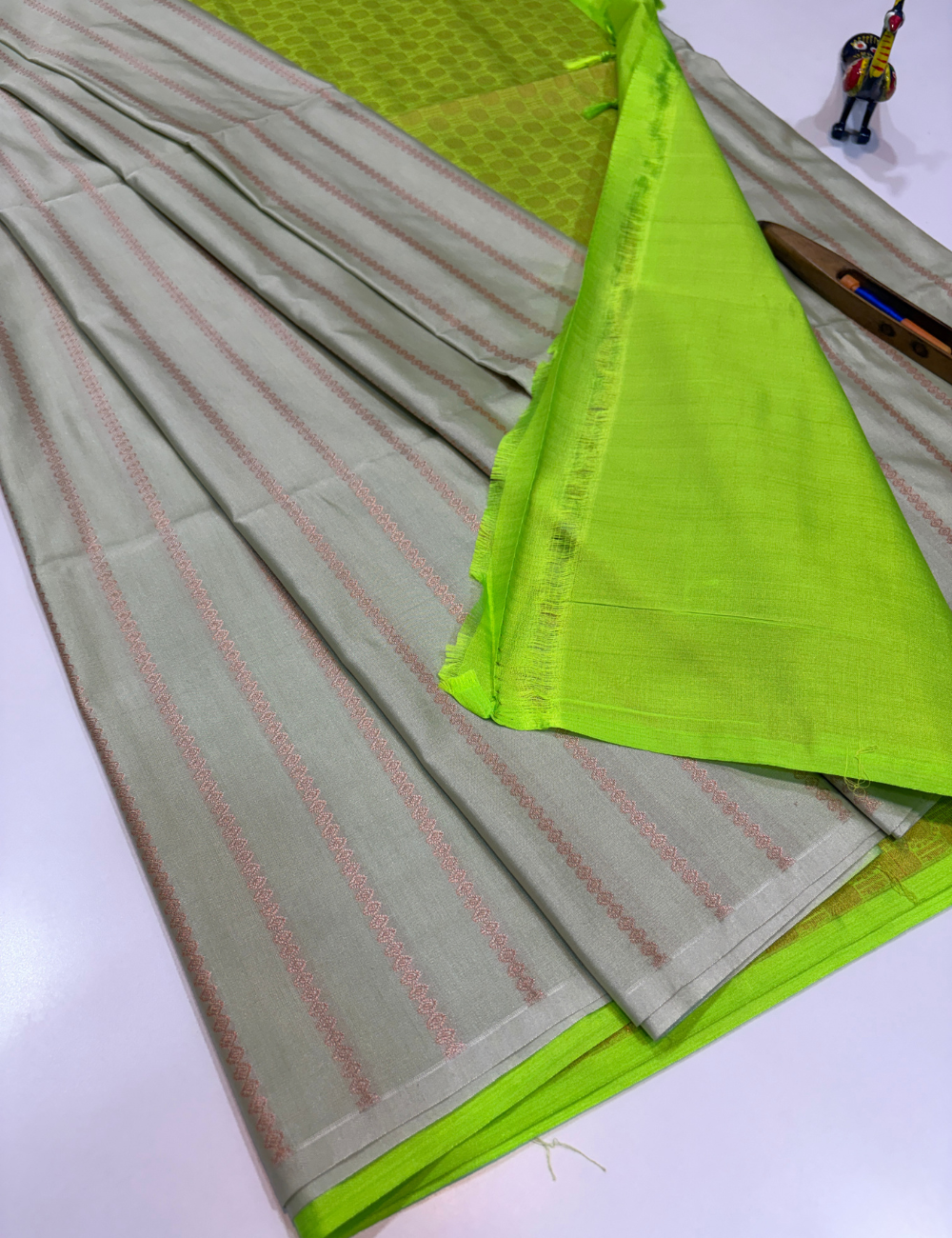 Royal Soft Cotton Handloom Saree – Sage Green with Neon Lime Green Pallu & Blouse