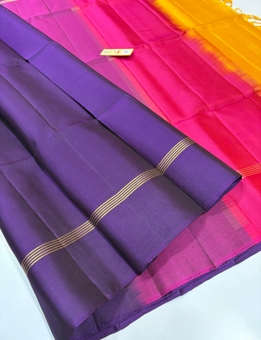 Mubbagam Pallu Handloom Pure Soft Silk Saree with Silk Mark | Deep Violet Body with Purple Pink & Yellow Pallu and Yellow Blouse