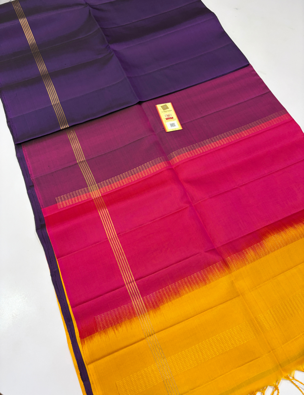Mubbagam Pallu Handloom Pure Soft Silk Saree with Silk Mark | Deep Violet Body with Purple Pink & Yellow Pallu and Yellow Blouse