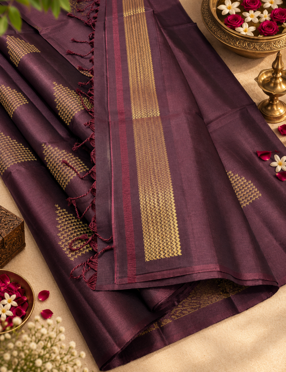 Brown Borderless Neam Jari Pure Softsilk Saree
