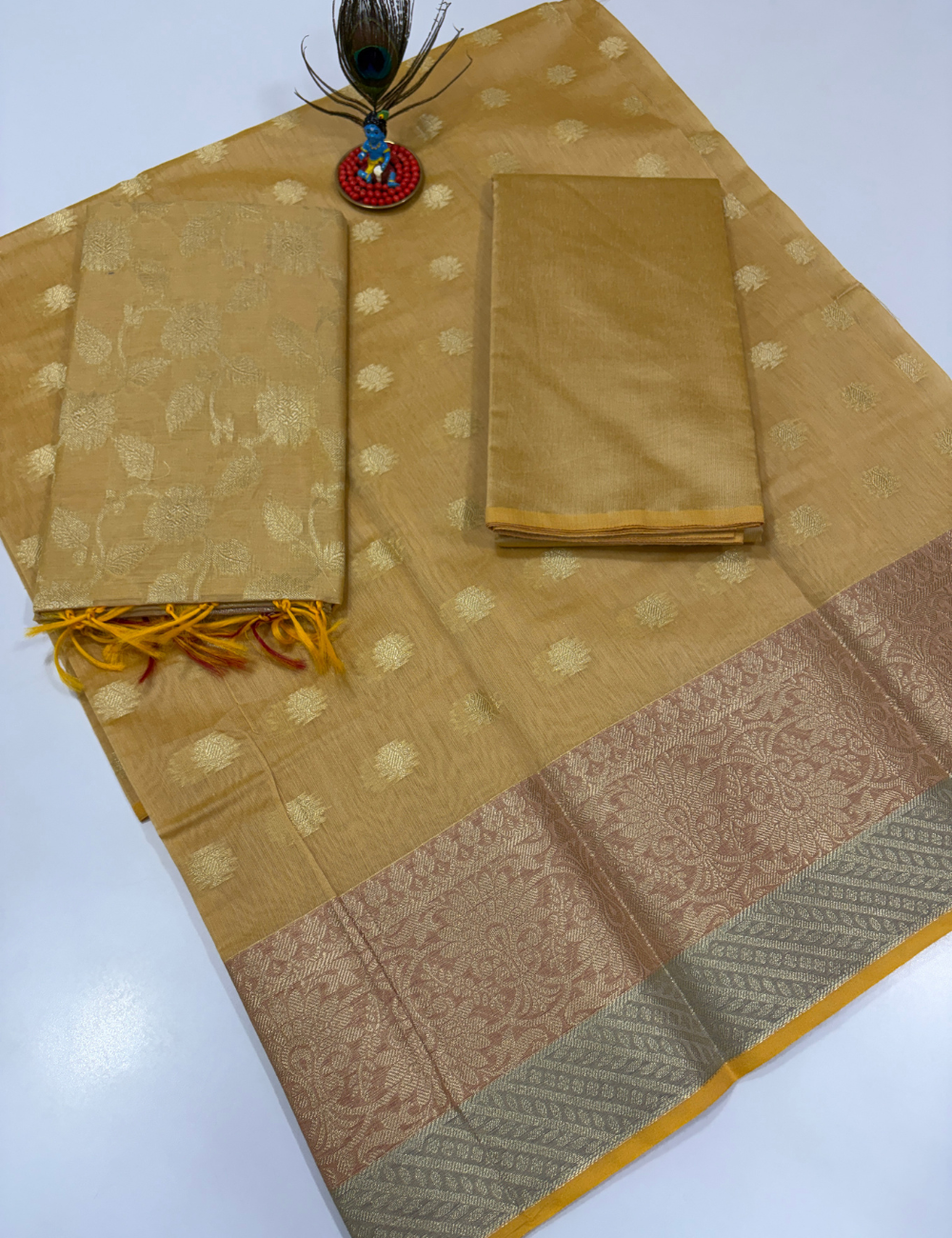 Golden Beige Monotone Handloom Silk Cotton 3 Pc Salwar Set | Elegant Self Weave Ethnic Wear