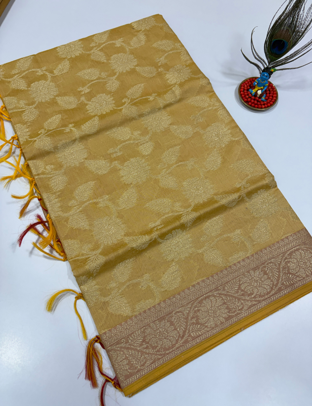 Golden Beige Monotone Handloom Silk Cotton 3 Pc Salwar Set | Elegant Self Weave Ethnic Wear