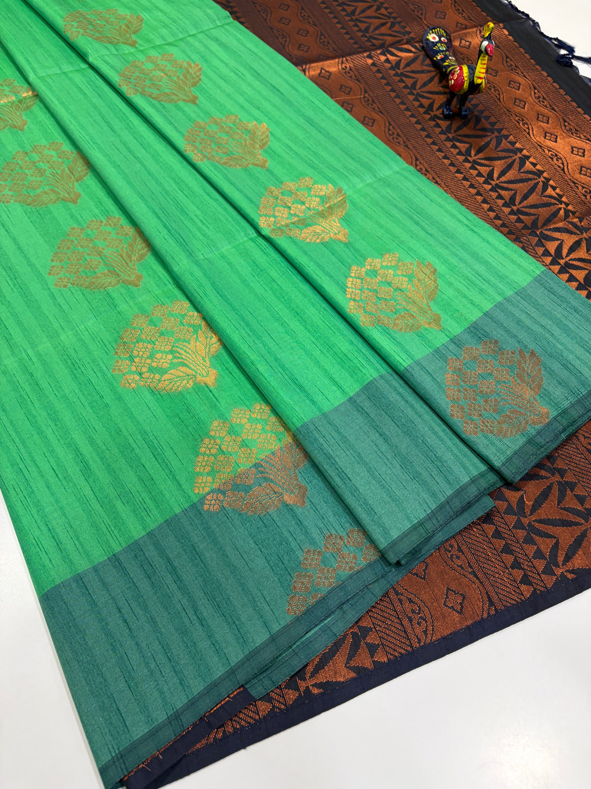 Emerald Green with Teal Border and Antique-Gold Zari – Handloom Semi Raw Softsilk Saree