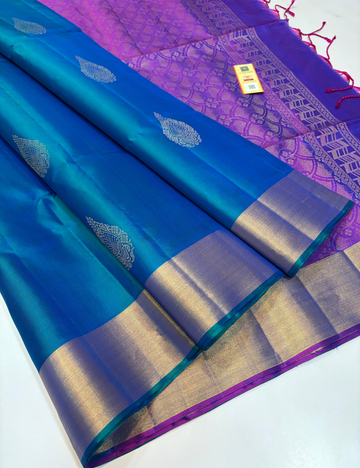 Tissue Border Peacock Blue Pure Soft Silk Saree with Purple Pallu & Blouse | Elegant Festive Wear