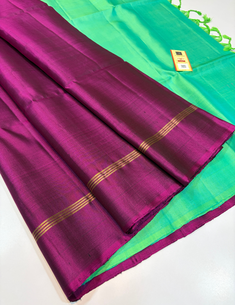 Handloom Pure Soft Silk Saree with Silk Mark | Purple with Radium Green Contrast | Plain Body | Contrast Pallu & Blouse