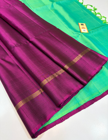 Handloom Pure Soft Silk Saree with Silk Mark | Purple with Radium Green Contrast | Plain Body | Contrast Pallu & Blouse