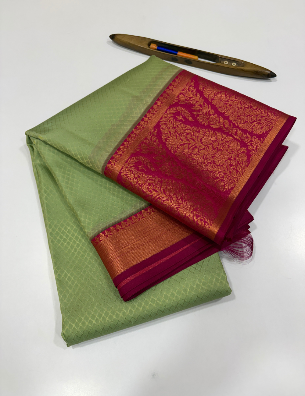 Elachi Green 50% Pure Mix Kanchi Silk Saree with Fancy Kanchi Border | Rani Pink Pallu & Blouse
