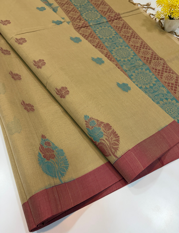 Negamam Pure Cotton Saree – Desert Beige with Mauve Rose Border