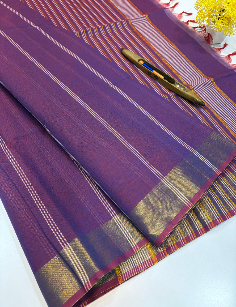 Negamam Pure Cotton Saree in Royal Purple with Stripes Design & Golden Zari Border | Self Colour Pallu & Blouse