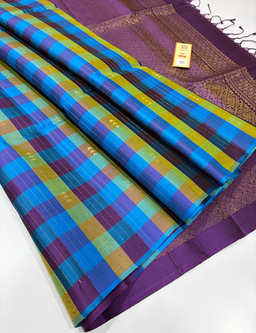 Handloom Pure Soft Silk Blue & Purple Checked Saree with Contrast Pallu | Silk Mark Certified