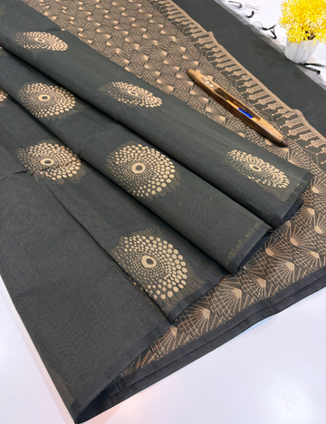 Semi Silk Cotton Borderless Brownish Grey Saree | Thread Putta Weave | Self Running Blouse | Elegant Handloom Saree