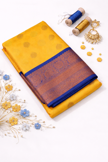 Kanchi Border Semi Soft Silk Saree – Yellow with Anantha Blue