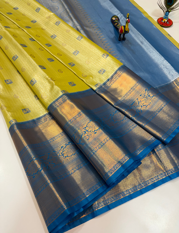 Semi Bridal Semi Silk Saree in Lemon Green with Sea Blue Korvai Border | Full Brocade Weaving | Aadithya Handlooms