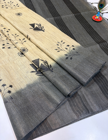 Golden Beige Soft Linen Embroidery Saree with Charcoal Grey Contrast Border
