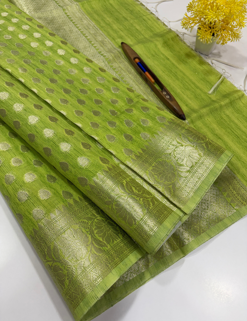 Parrot Green Matka Silk Cotton Saree with Full Zari Weaving | Rich Zari Border | Brocade Blouse