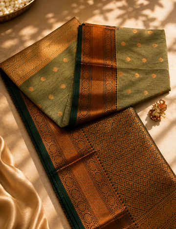 Magenta Green with Bottle Green Kanchi Border Dubion Semi Silk Saree – Handloom
