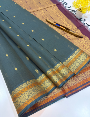 Dual Tone Green Negamam Pure Cotton Saree with Thread Butta Design & Self Colour Border | Plain Blouse Included