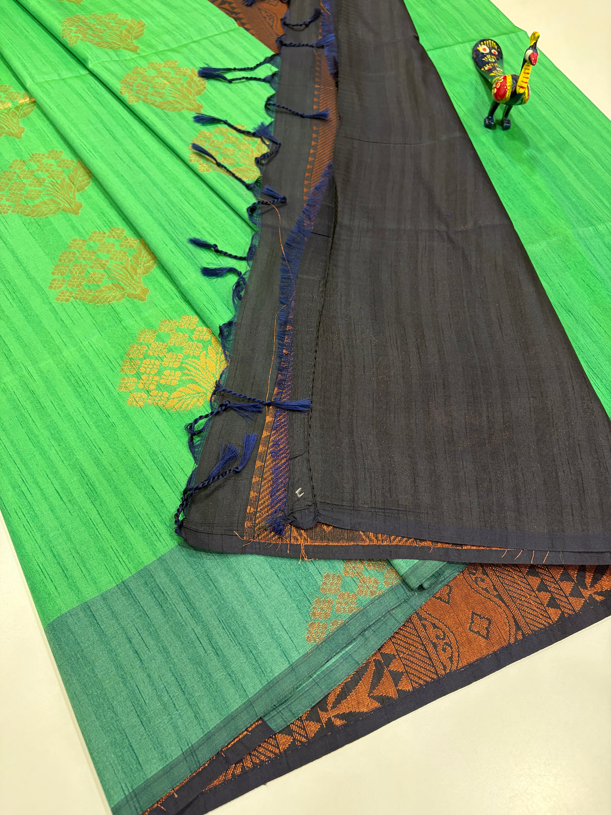 Emerald Green with Teal Border and Antique-Gold Zari – Handloom Semi Raw Softsilk Saree