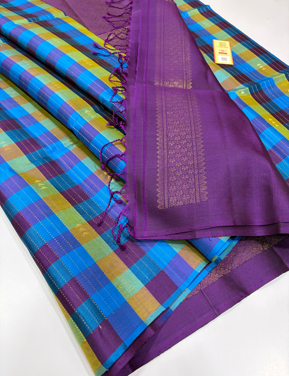 Handloom Pure Soft Silk Blue & Purple Checked Saree with Contrast Pallu | Silk Mark Certified