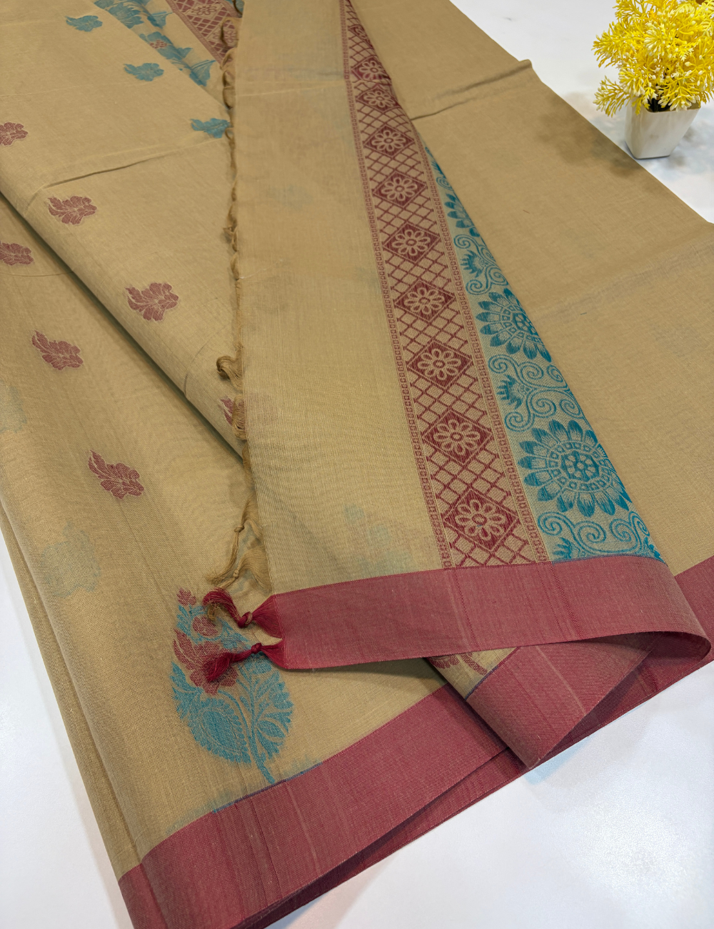 Negamam Pure Cotton Saree – Desert Beige with Mauve Rose Border