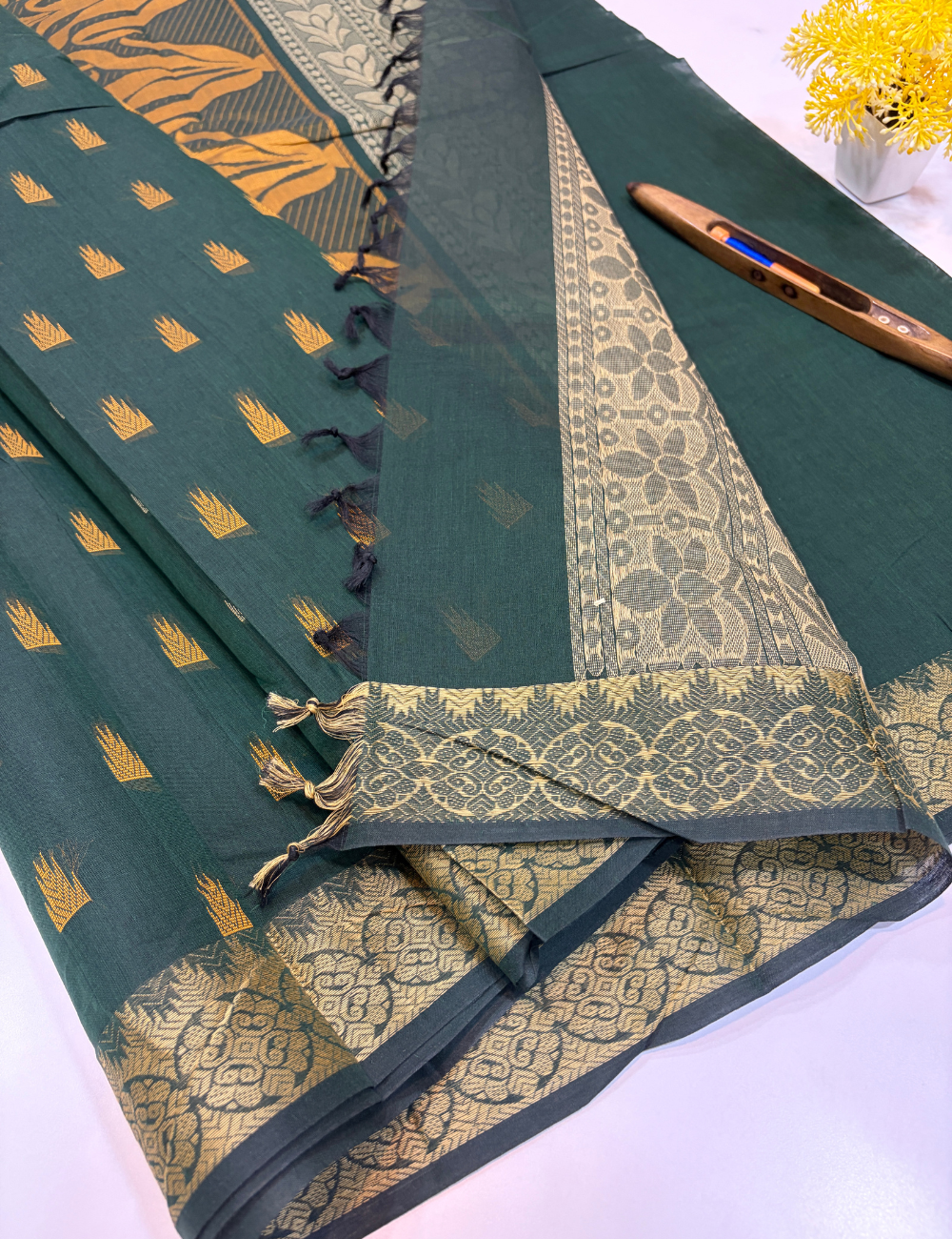Dual Tone Green Negamam Pure Cotton Saree with Thread Butta Design & Self Colour Border | Plain Blouse Included