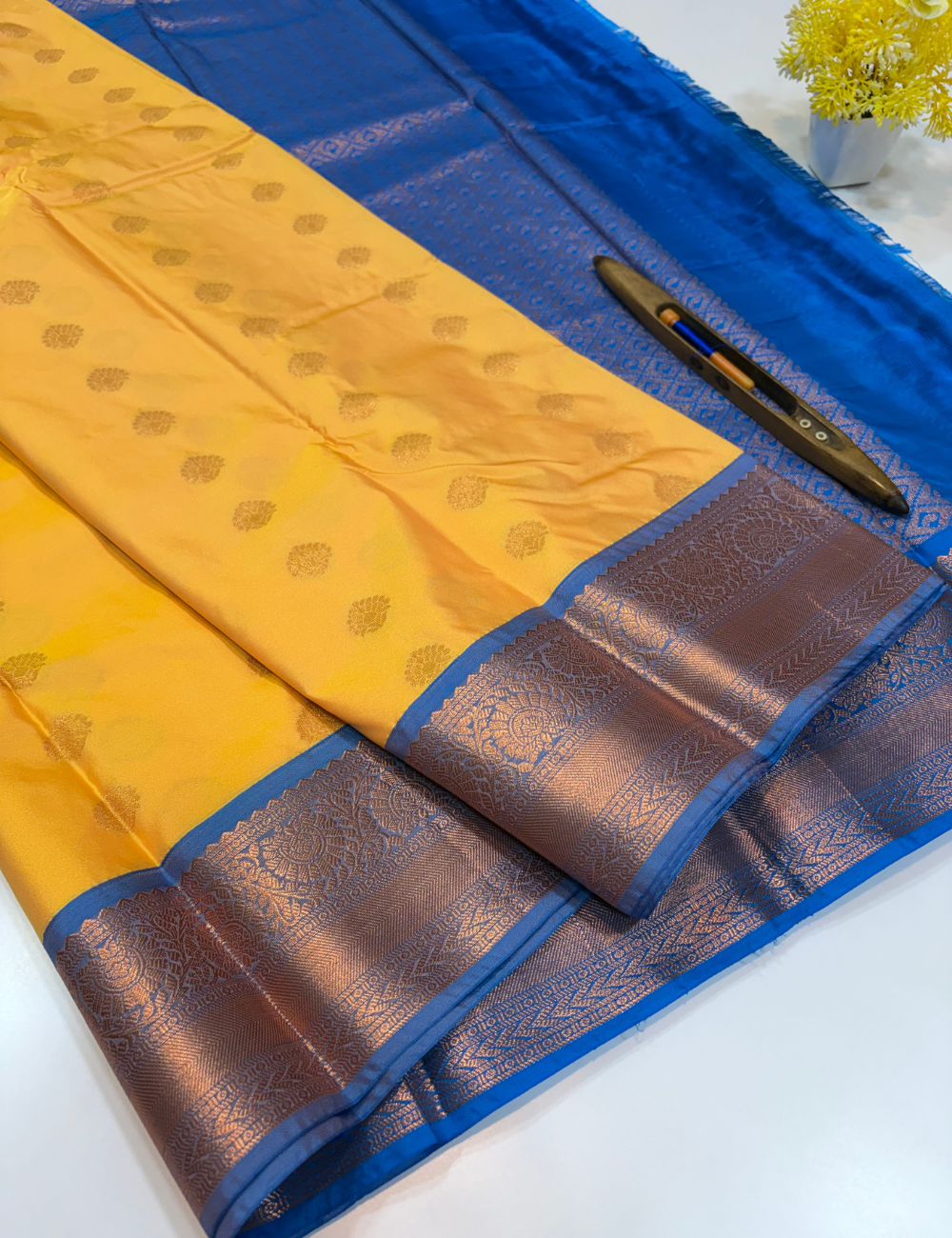 Kanchi Border Semi Soft Silk Saree – Yellow with Anantha Blue