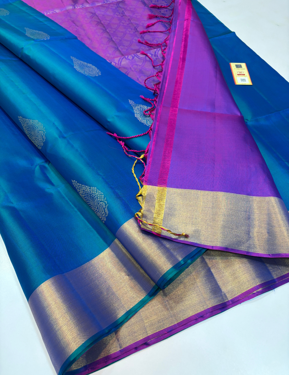 Tissue Border Peacock Blue Pure Soft Silk Saree with Purple Pallu & Blouse | Elegant Festive Wear