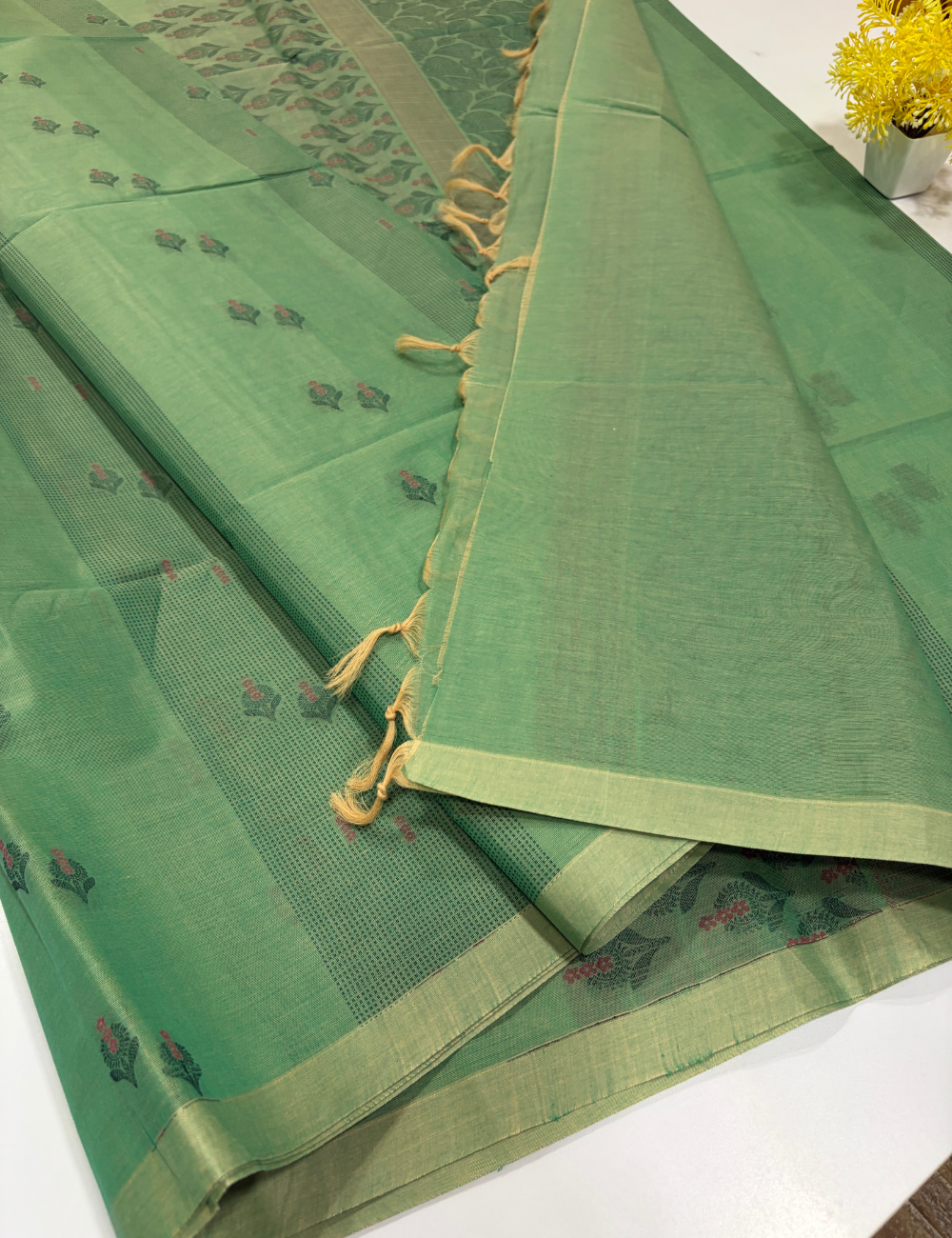 Negamam Pure Cotton Thread Putta Borderless Saree – Monotone Mint Green