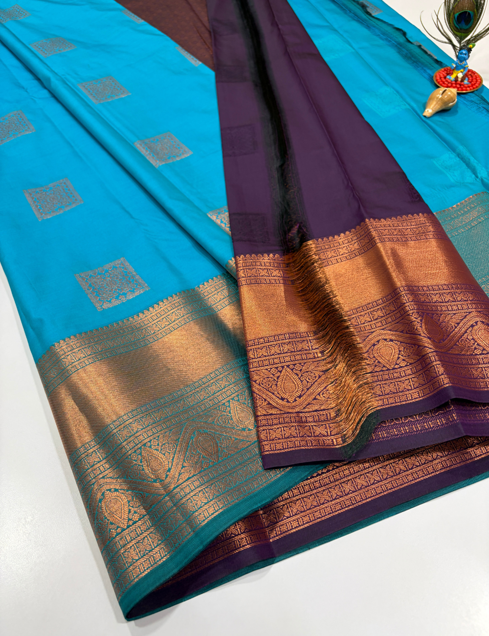 Anantha Blue Semi Soft Silk Saree with Violet Pallu & Rich Kanchi Border