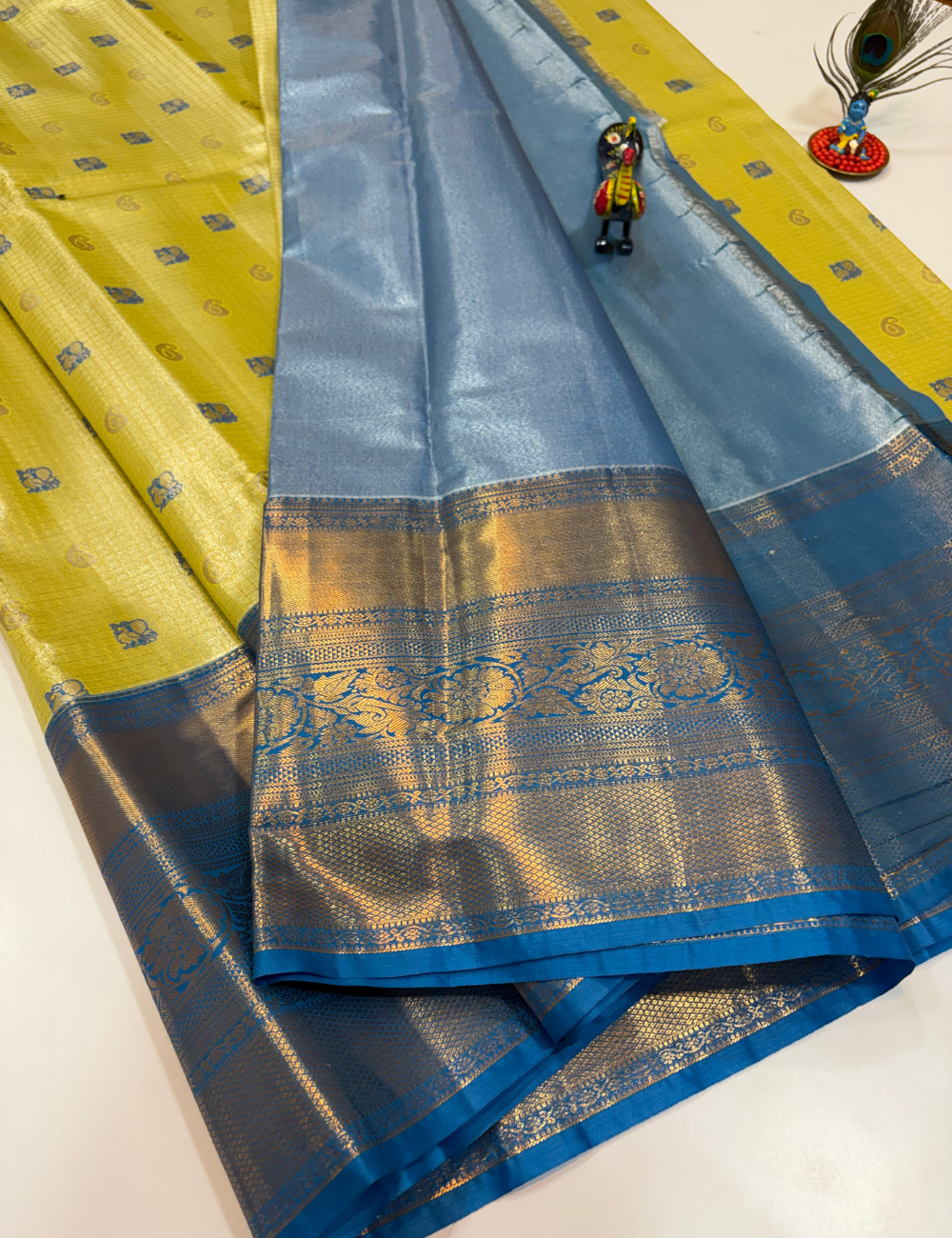 Semi Bridal Semi Silk Saree in Lemon Green with Sea Blue Korvai Border | Full Brocade Weaving | Aadithya Handlooms