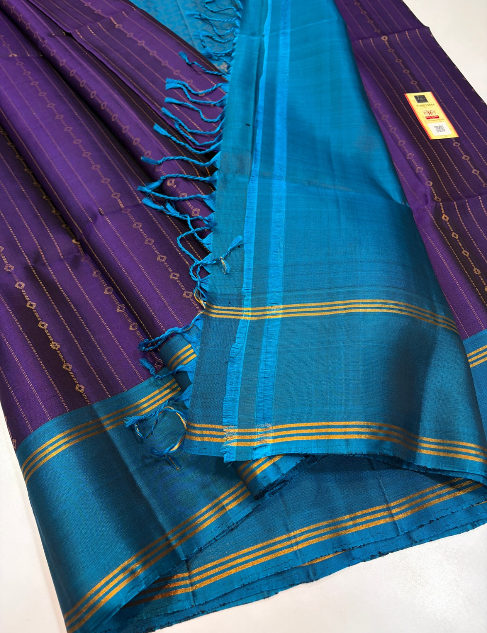 Purple Handloom Pure Soft Silk Saree with Vairaoosi Weaves, Teal Blue Contrast Border & Matching Blouse | Silk Mark Certified