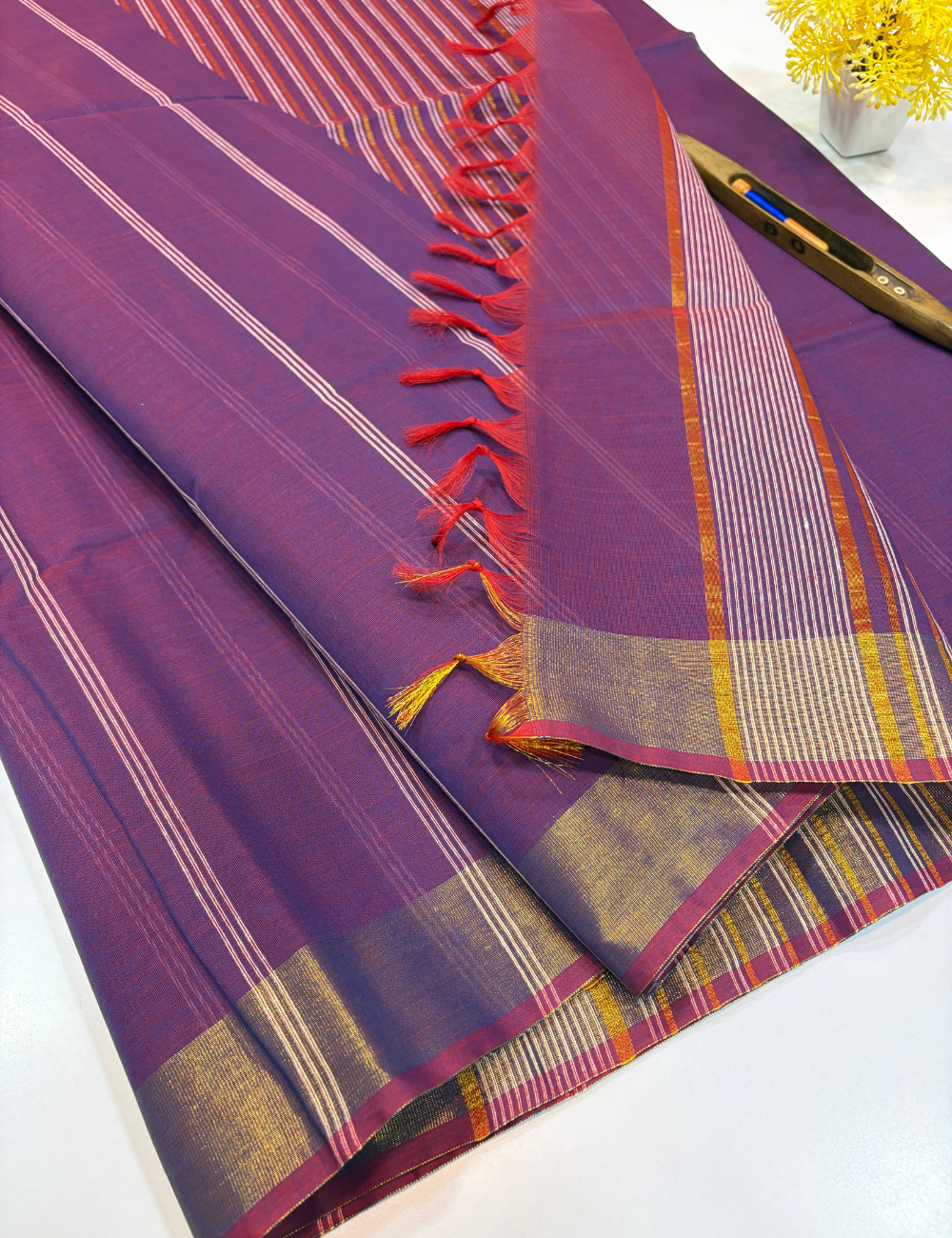 Negamam Pure Cotton Saree in Royal Purple with Stripes Design & Golden Zari Border | Self Colour Pallu & Blouse