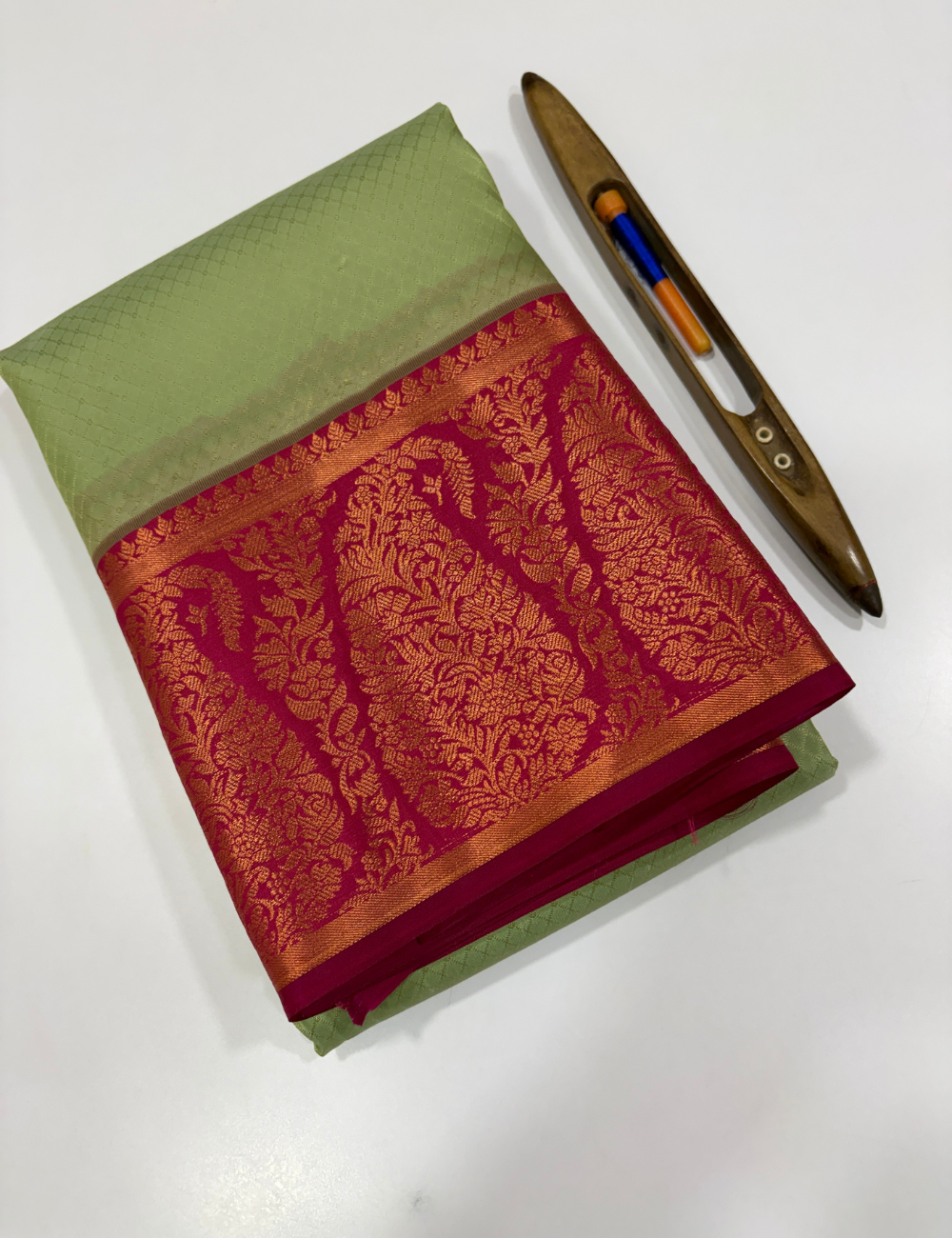Elachi Green 50% Pure Mix Kanchi Silk Saree with Fancy Kanchi Border | Rani Pink Pallu & Blouse