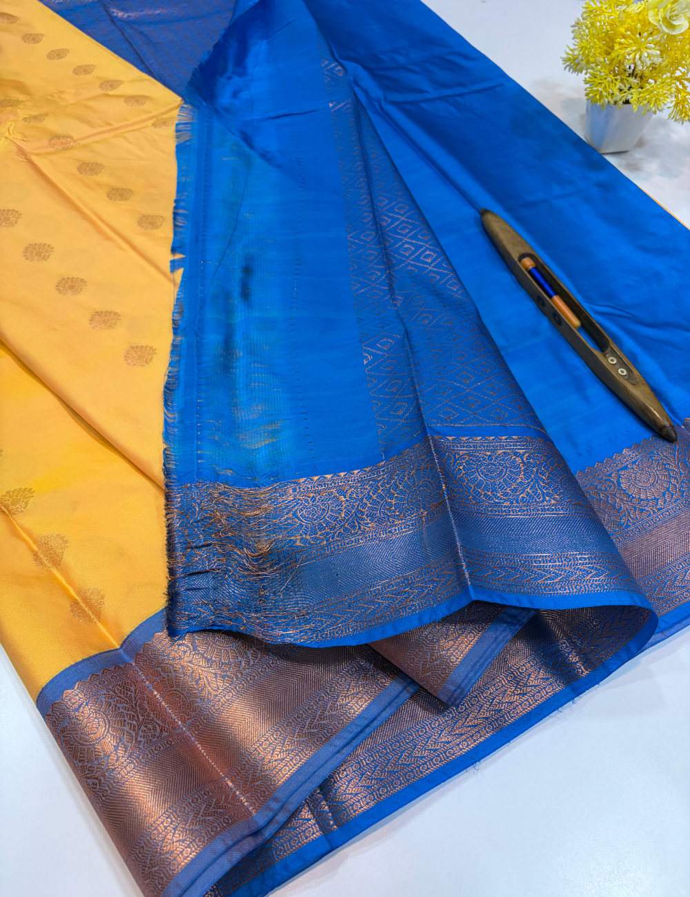 Kanchi Border Semi Soft Silk Saree – Yellow with Anantha Blue