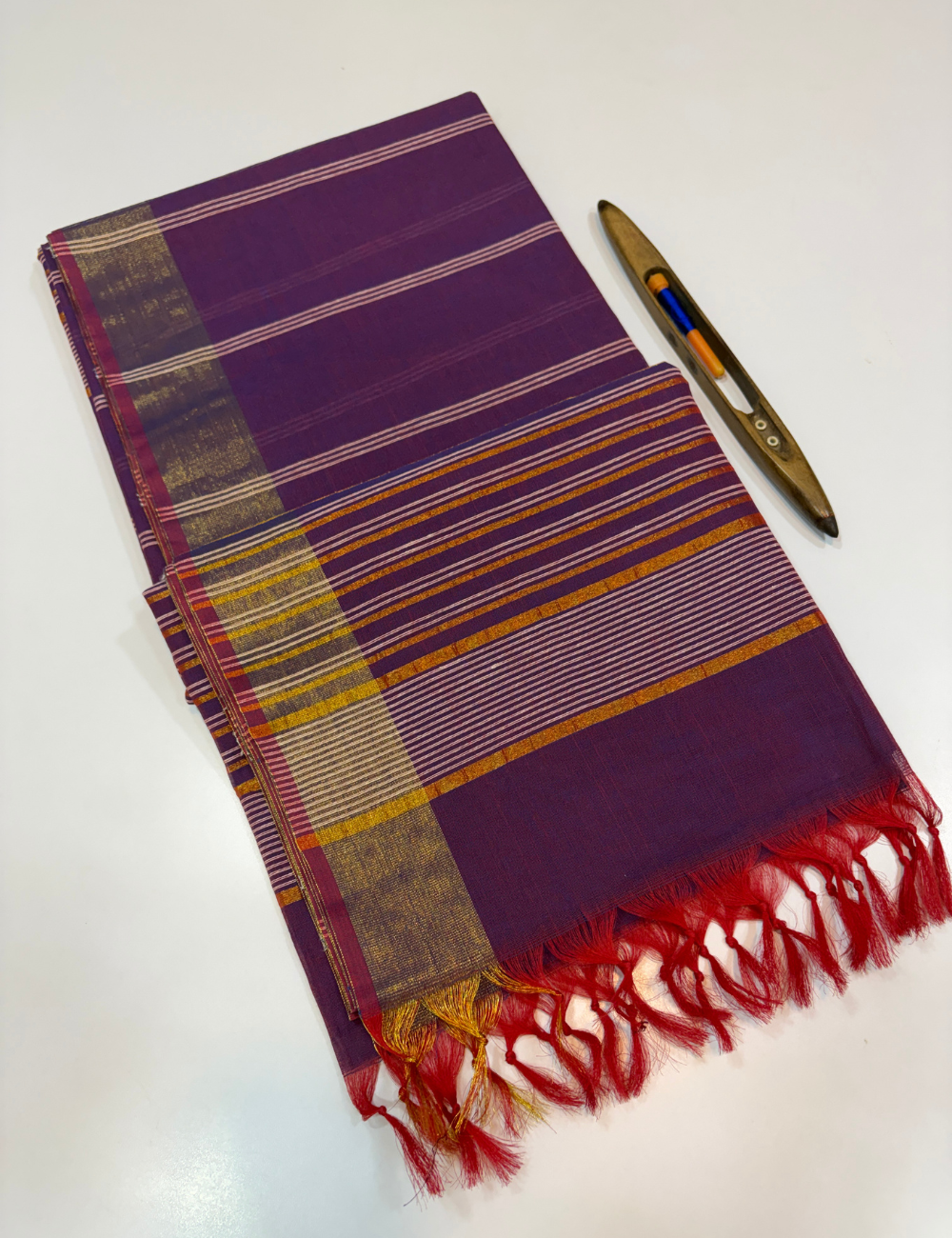 Negamam Pure Cotton Saree in Royal Purple with Stripes Design & Golden Zari Border | Self Colour Pallu & Blouse