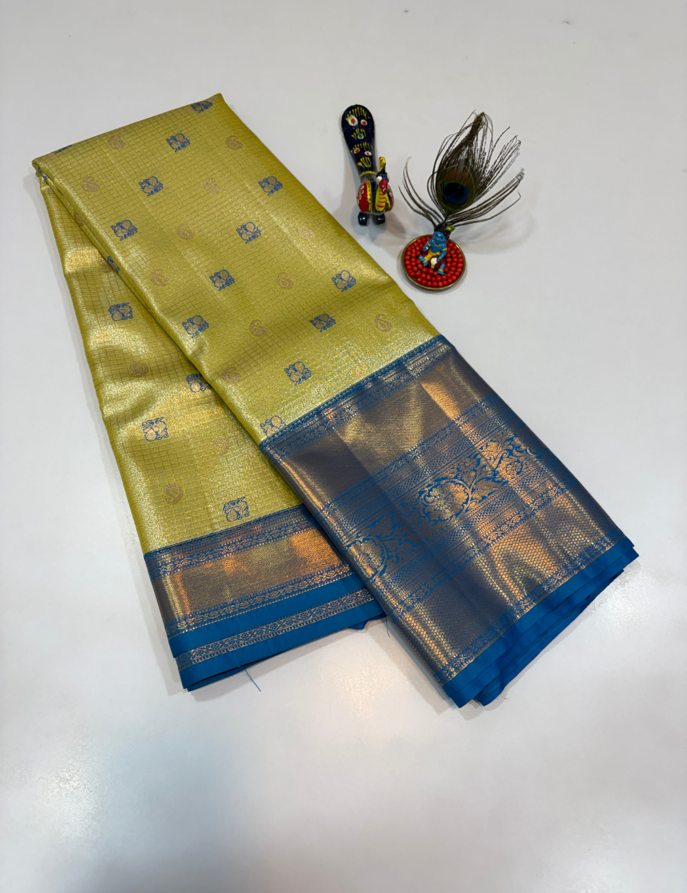 Semi Bridal Semi Silk Saree in Lemon Green with Sea Blue Korvai Border | Full Brocade Weaving | Aadithya Handlooms