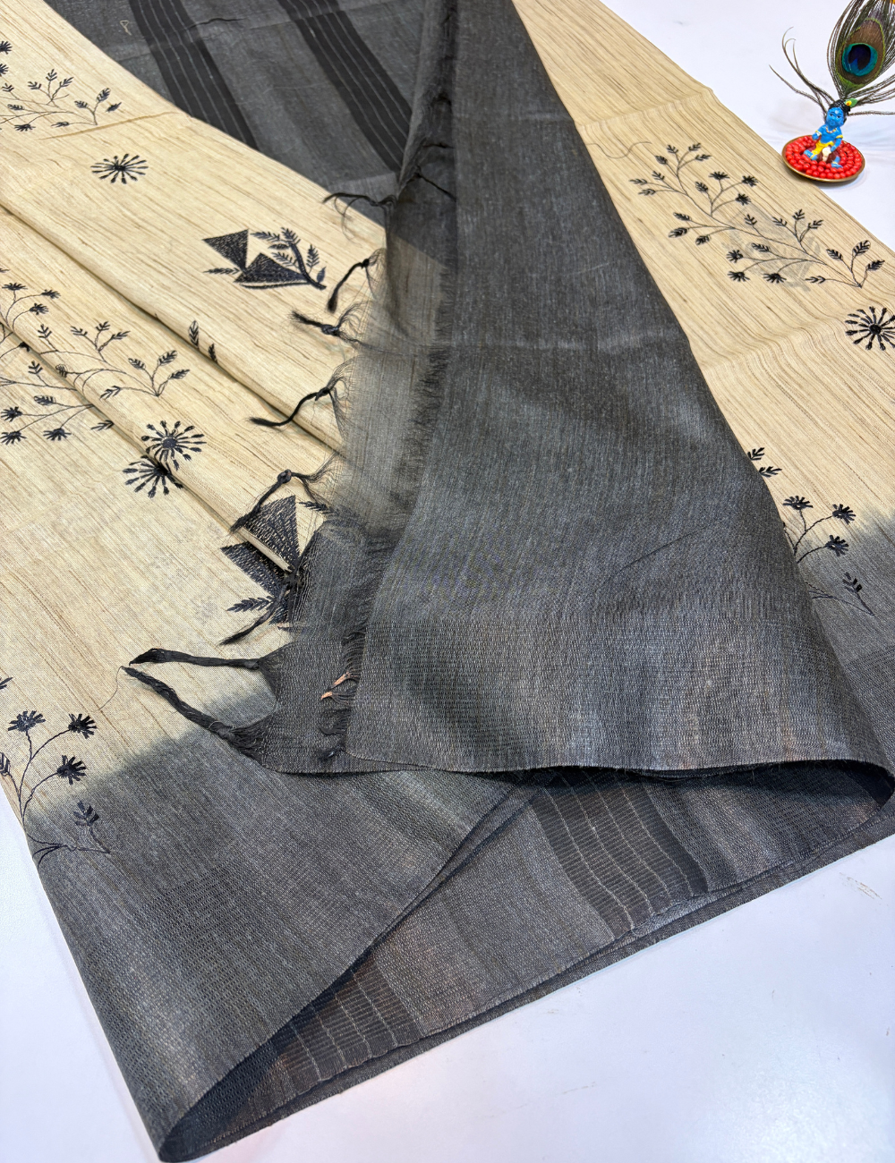 Golden Beige Soft Linen Embroidery Saree with Charcoal Grey Contrast Border