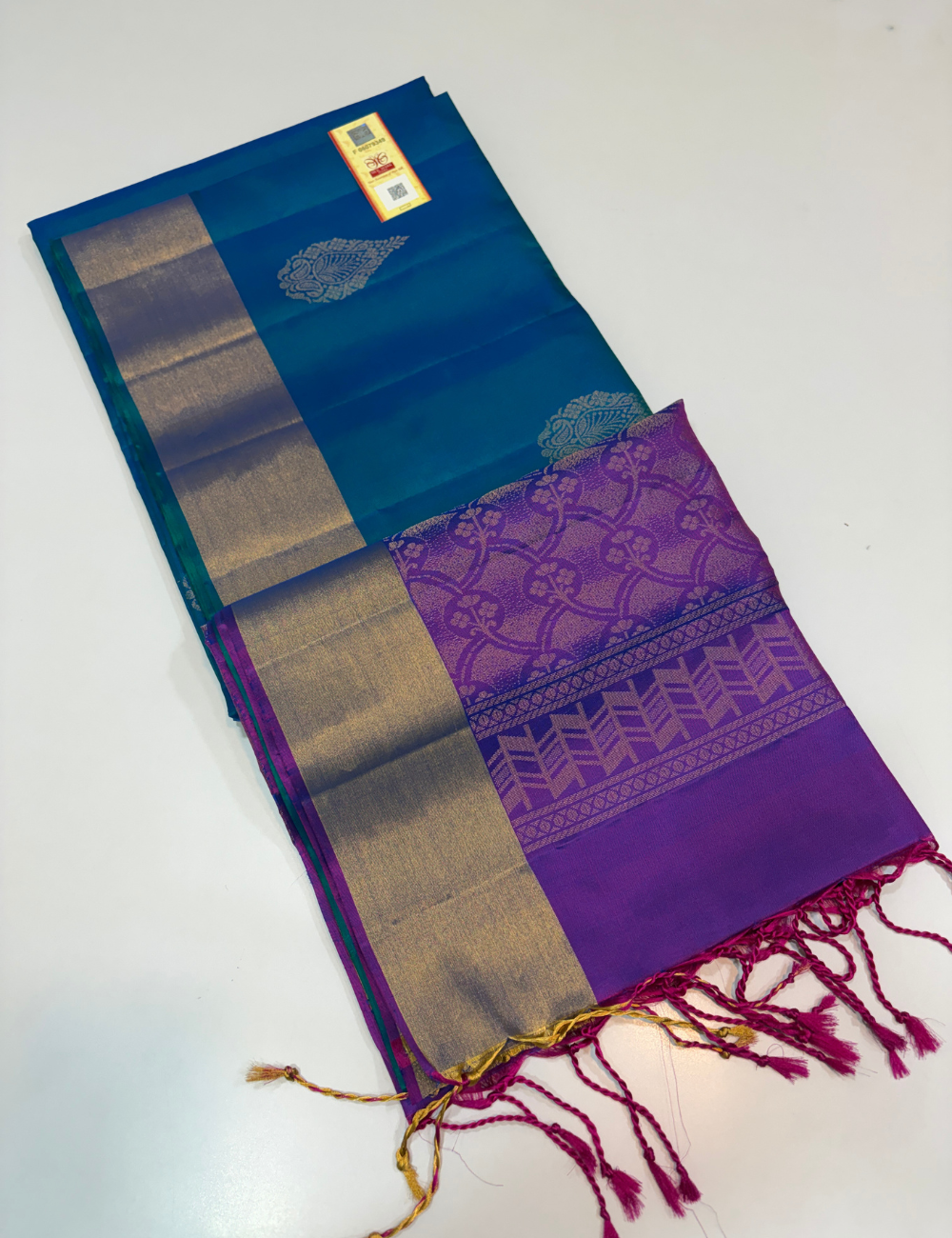Tissue Border Peacock Blue Pure Soft Silk Saree with Purple Pallu & Blouse | Elegant Festive Wear