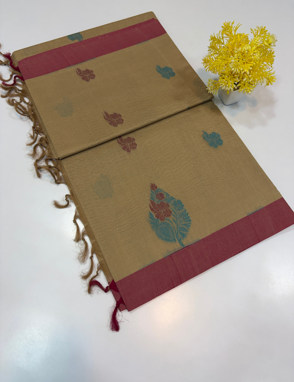Negamam Pure Cotton Saree – Desert Beige with Mauve Rose Border