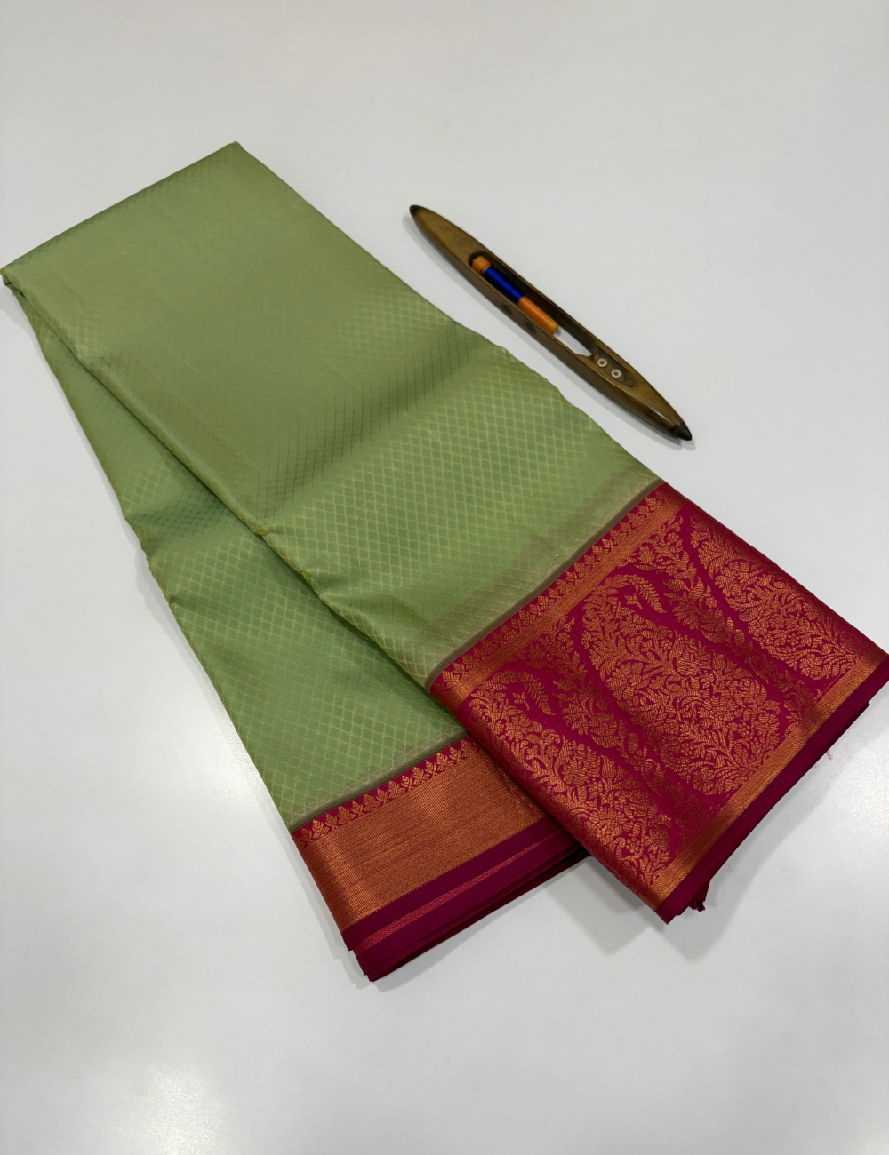 Elachi Green 50% Pure Mix Kanchi Silk Saree with Fancy Kanchi Border | Rani Pink Pallu & Blouse