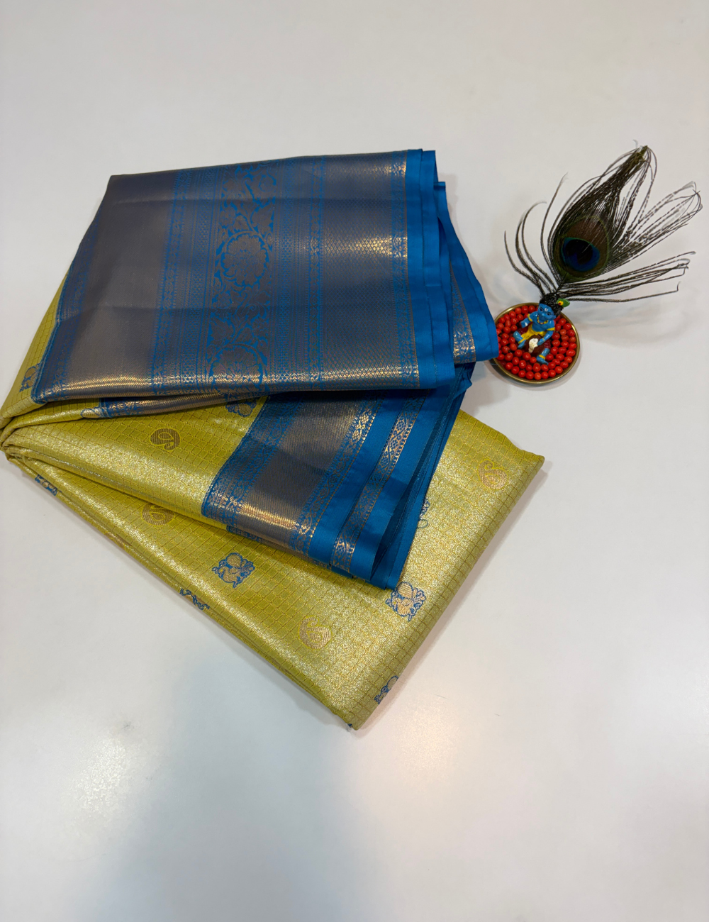 Semi Bridal Semi Silk Saree in Lemon Green with Sea Blue Korvai Border | Full Brocade Weaving | Aadithya Handlooms